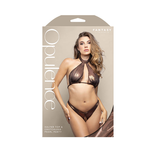 OPULENCE Halter Top & Crotchless Pearl Panty SM - Chocolate - S/M Size