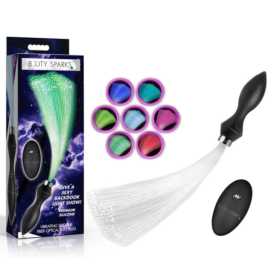 Booty Sparks Vibrating Silicone Fibre Optical Butt Plug - Black USB Rechargeable Butt Plug with Multicolour Fibre Optic Tail