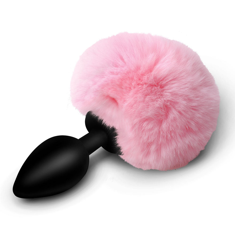 Tailz Fluffy Bunny Tail Silicone Plug - Pink - Black Butt Plug with Pink Bunny Tail