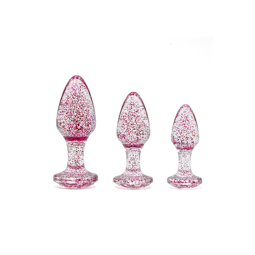 Adam & Eve Glitter Gem 3-Piece Butt Plug Set - Pink - Glitter Pink Butt Plugs - Set of 3 Sizes