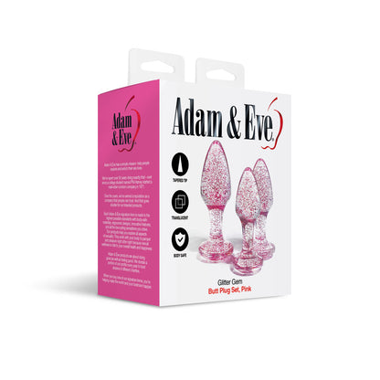 Adam & Eve Glitter Gem 3-Piece Butt Plug Set - Pink - Glitter Pink Butt Plugs - Set of 3 Sizes