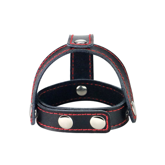 Bondage Fetish T-Style Leather Cock Ring with Ball Divider - Black Cock Ring