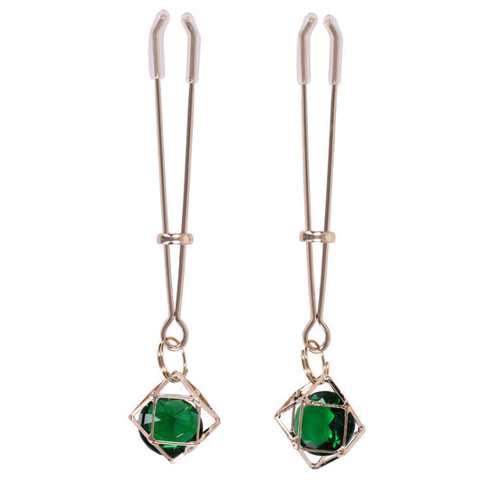 Sex & Mischief Indica Crystal Nipple Clips - Gold Nipple Clips with Emerald Gems
