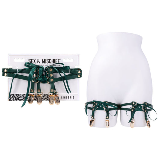 Sex & Mischief Indica Laced Up Garters - Green/Gold Garters - Set of 2