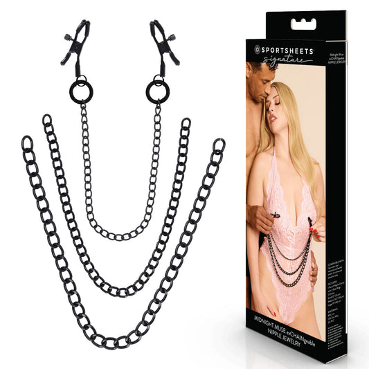 SPORTSHEETS Signature Midnight Muse exCHAINgeable Nipple Jewelry - Black Nipple Clamps with Chain