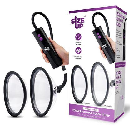 Size Up Rechargeable Power Plumper Pussy Pump - Clear USB Rechargeable Vagina Pump with Interchangeable Chambers