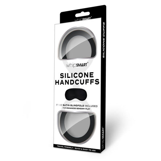WhipSmart Silicone Handcuffs - Black - Black Restraint with Bonus Blindfold